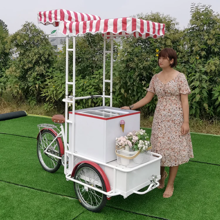 

Bicycle Food Cart Mobile Food Trailer Design Cake Showcase Tricycle Freezer Refrigerated Ice Cream Cart For Sale