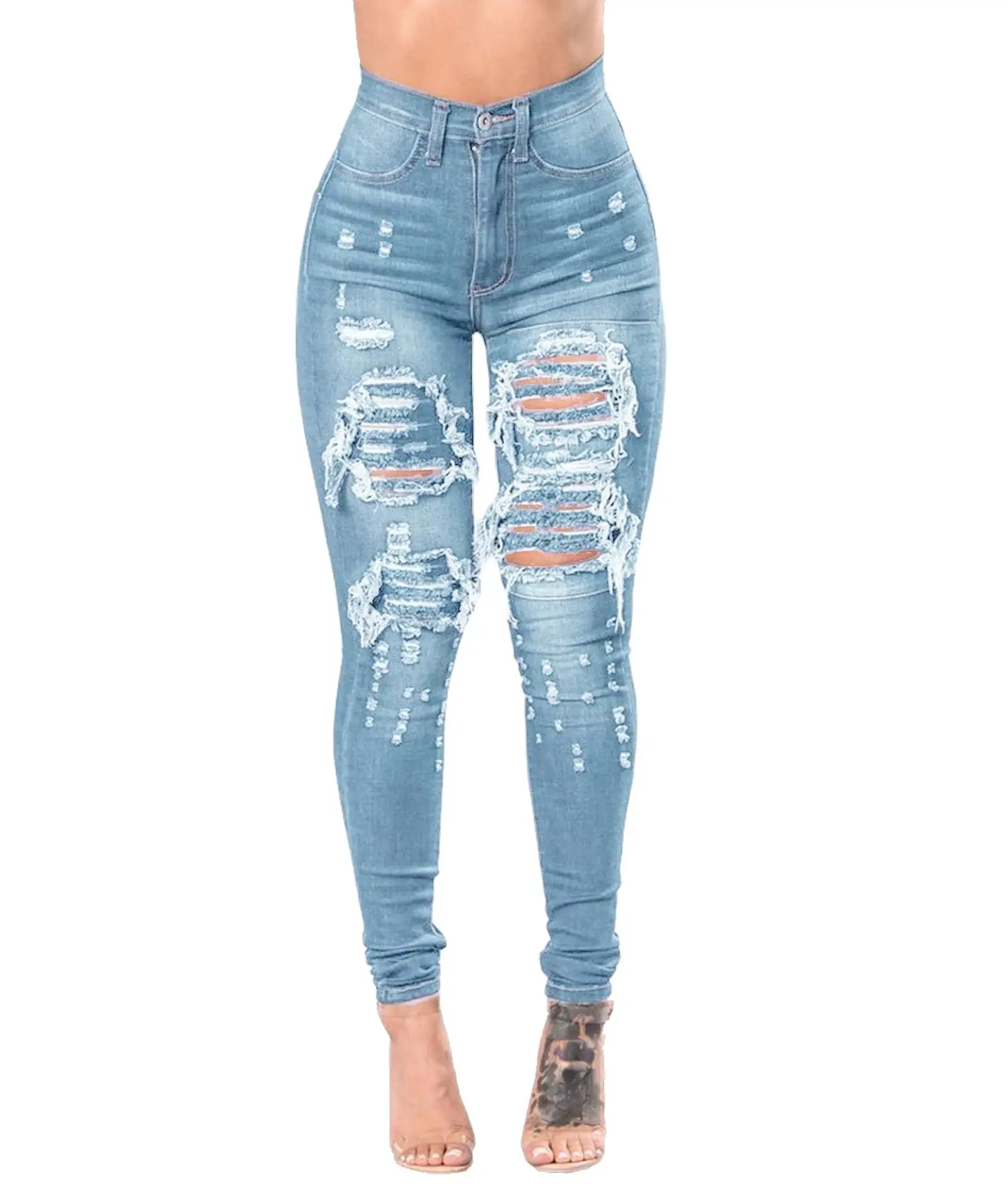 Sexy Hollow Out Skinny Hips Ripped Denim Trousers Ladies Jeans Women's Clothing