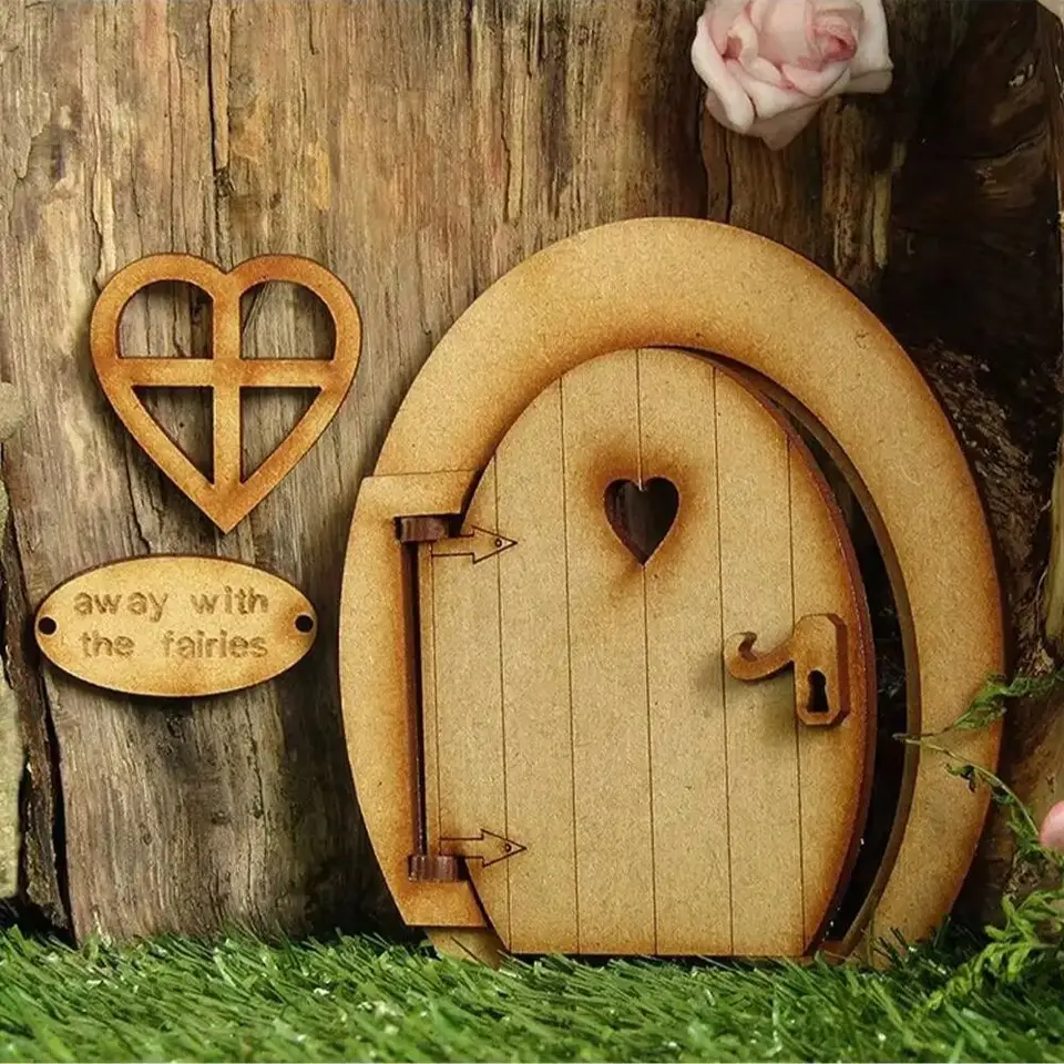 1 confezione porta da giardino fata in legno porta vuota finestra elfo incompiuta casa delle fate ornamenti per porte e finestre statue di alberi per albero Tr  15