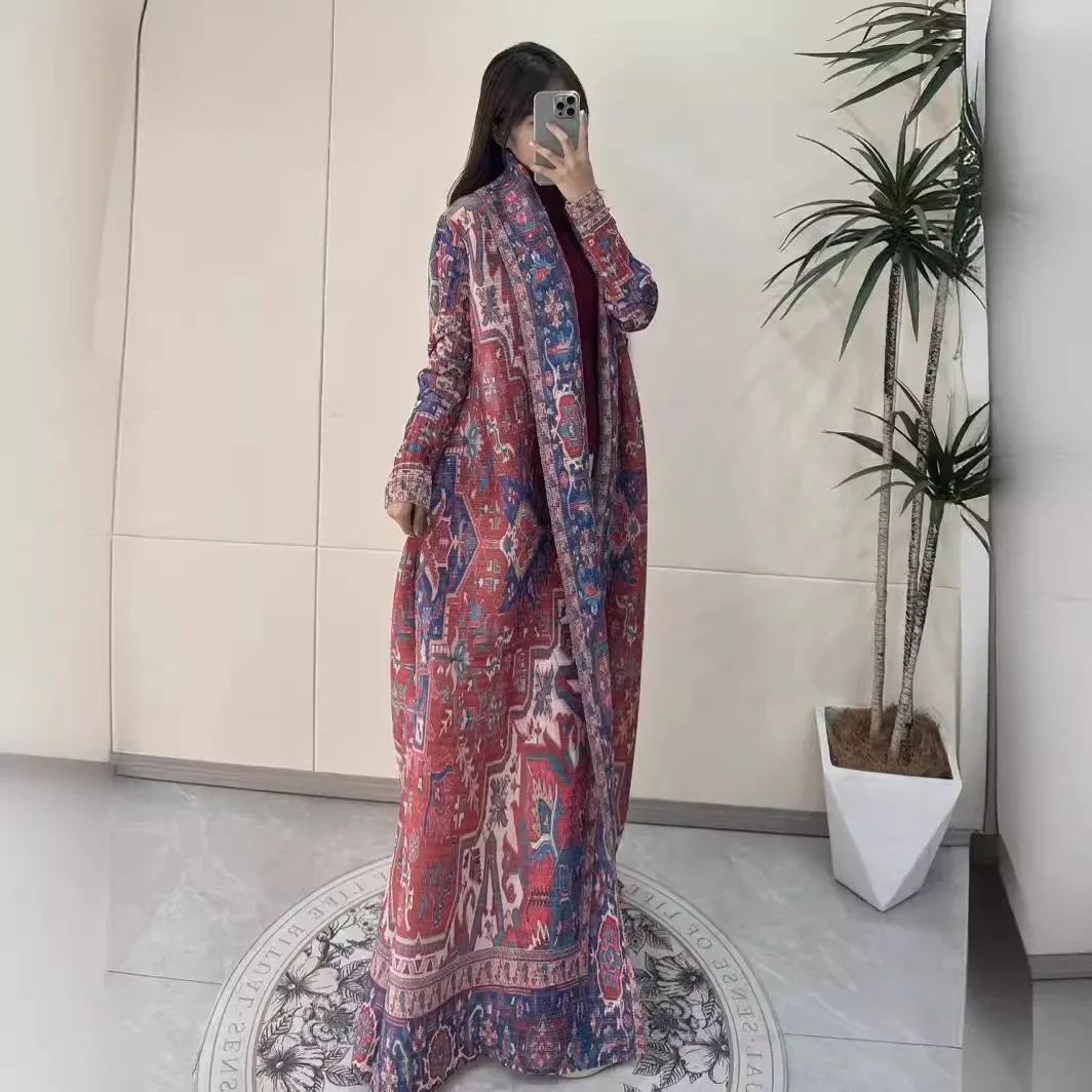 

Miyake Pleated Print Foldable Collar Long Sleeved Trench Coat for Women 2024 New Winter Original Designer Fashion Cardigan Dress