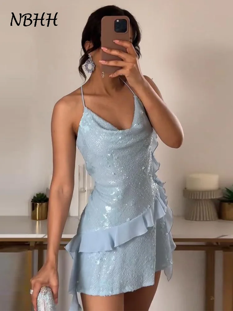Sexy Backless Ruffle Contrast U Neck Sling Dresses