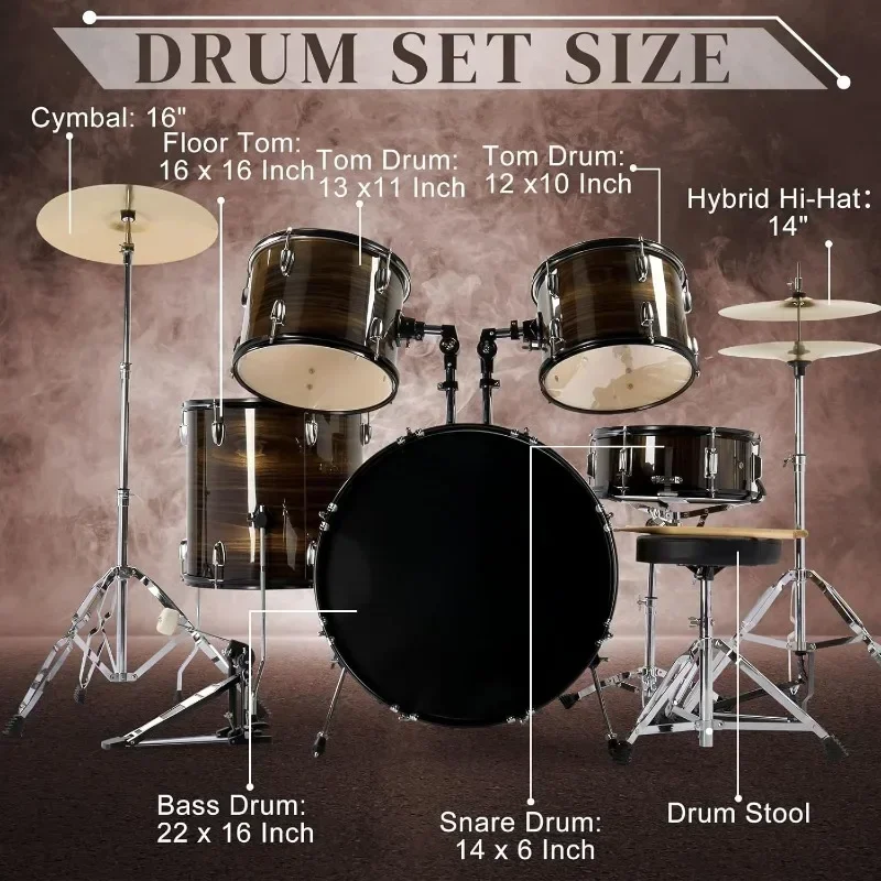 5-piece Adult Drum Set Full Size Drum Kit with Drumsticks Pedal Stool Floor Tom Beginners Teenagers Students
