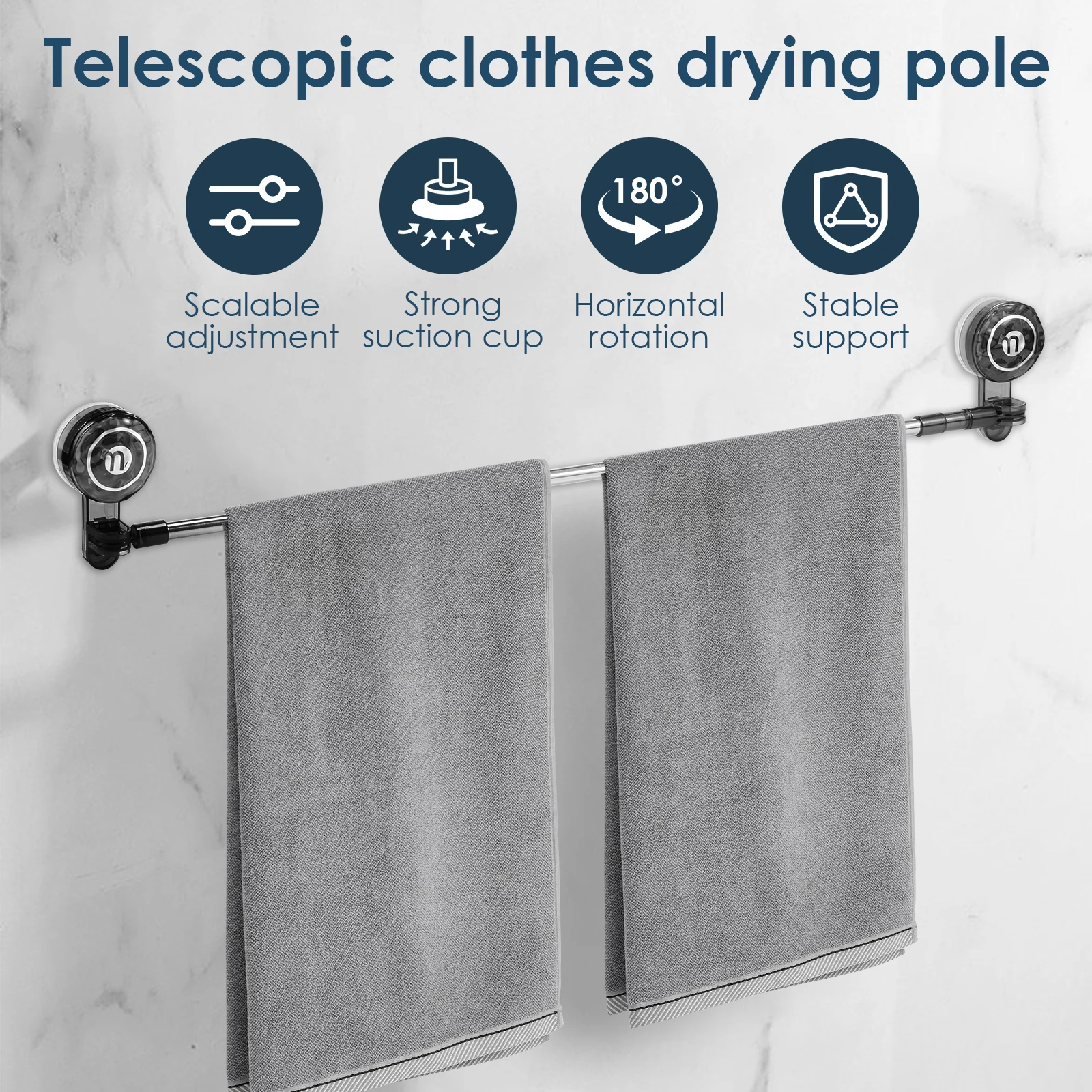 Suction Cup Towel Bar Extendable Suction Towel Holder Stable Cup Rack Adjustable Bath Holder from 23.6 to 48