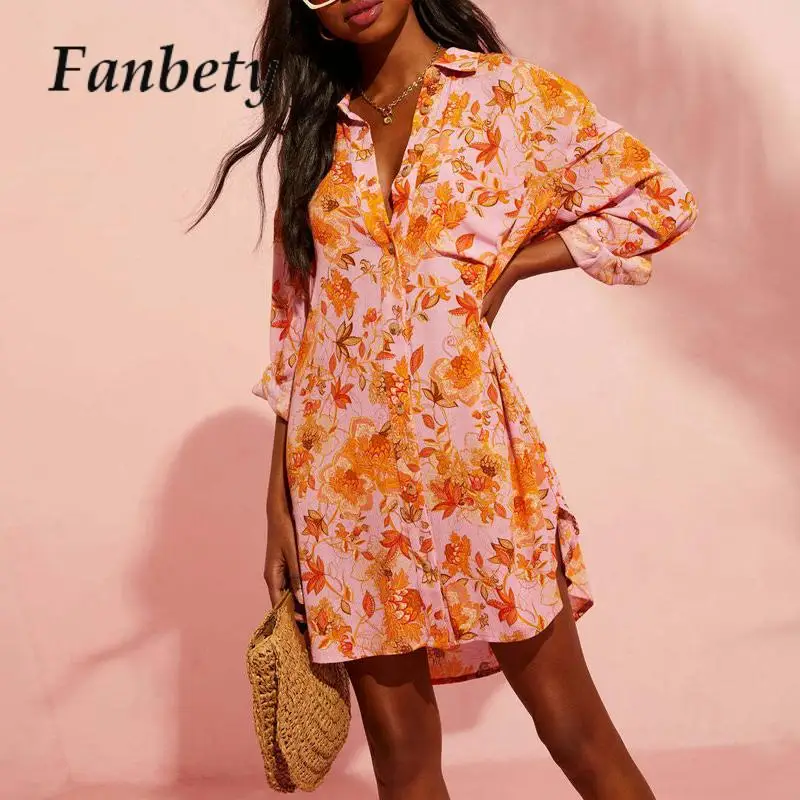 

Fashion Vintage Women Slim Floral Print Shirt Dress Autumn Winter Casual Button Long Sleeve Dress Lady Chic Mini Dresses Vestido