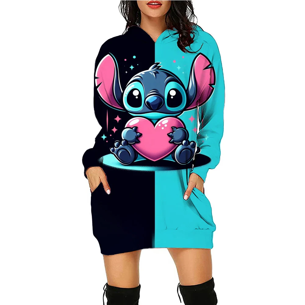 Y2k Stitch Dresses for Women 2024 Disney Woman Clothes Mini Dress With Hood Hoodie Kawaii Fashion Luxury Party Sweater Dress 3XL