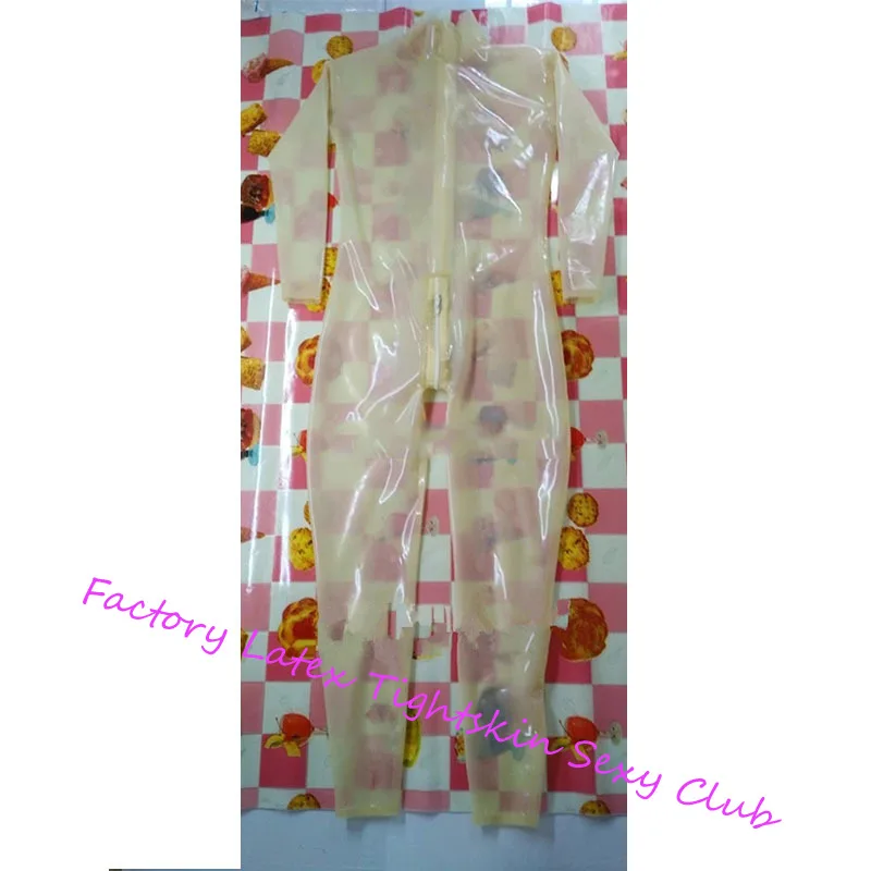 

Handmade Men Transparent Latex Catsuit Rubber Bodysuit with Back Crotch Zipper Custom Made Cosplay Costumes