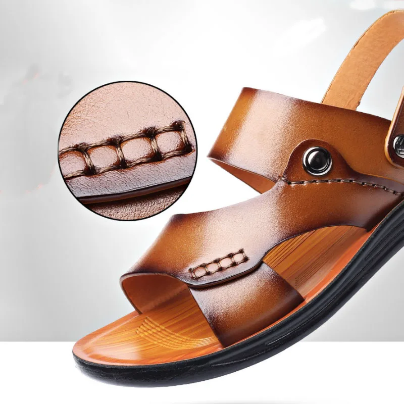 Mens Shoes Leather Sandals Men Sandals Summer Fashion Slide Slippers Outdoor Genuine Leather Non-slip Beach Slip-On Sandals Travel Slippers