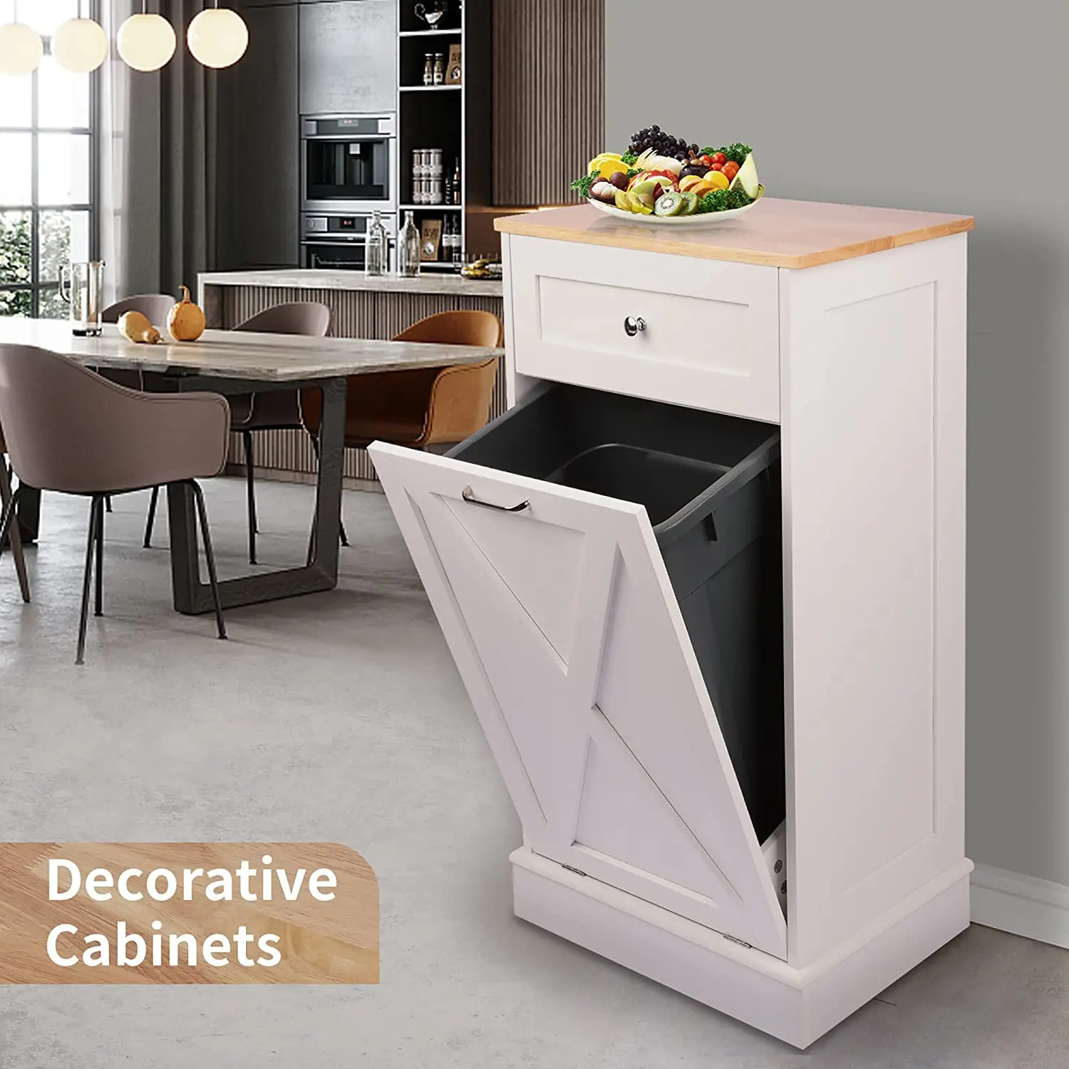 Trash Cabinet Tilt Out Freestanding, Pet Proof Kitchen Trash Cabinet Laundry Hamper with Cutting Board, Hideaway