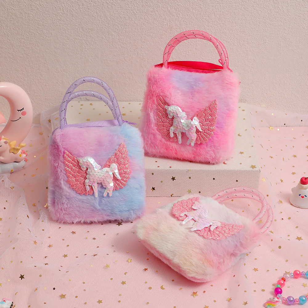 

Girls Unicorn Shoulder Bag Cartoon Plush Children's Crossbody Bags Kindergarten Girl Portable Small Square Pack Zero Wallet