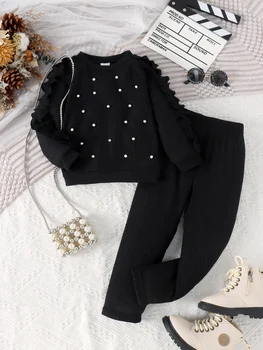 Girls’ Black Beaded Top & Pants Set 1