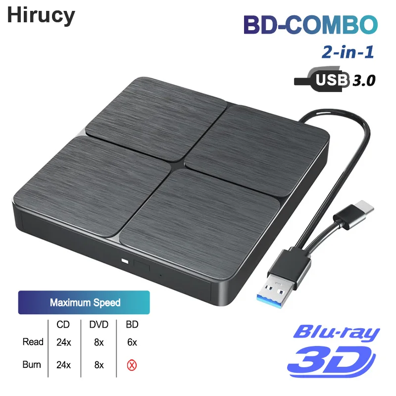 External Blu-ray DVD Drive USB 3.0 Portable 3D BD-Combo Player Reader CD DVD Burner Laptop PC Computer Notebook Windows 11