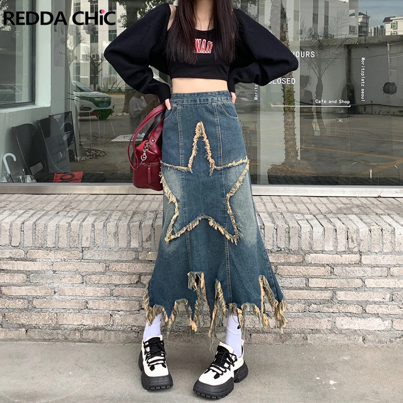 

REDDACHiC Grunge Punk Star Pattern Raw Hem Women Denim Skirt with Tassels Blue Distressed Midi Long Jean Skirt Acubi Fashion