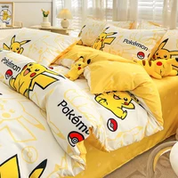 Parure de lit série Pokemon Pikachu 100% coton, drap de dessin animé, taie d'oreiller, housse de couette, couvre-lit, ensemble de 4 pièces, literie pour enfants 4