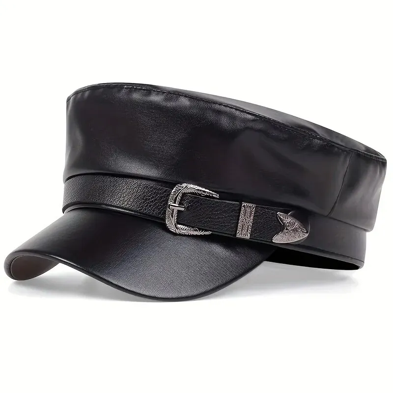 Fashion Women Large Belt Buckle Leather Hat Spring Autumn Sailor Hats Black Ladies Beret Caps Men Flat Top Captain Military Caps Sports & Entertainment