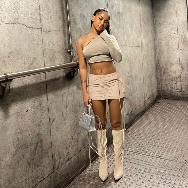 Solid Drawstring Ruched Cargo Skirt For Women High Waist Y2k Women Clothes Casual Pleated Saias Fashion Streetwear Summer 2023