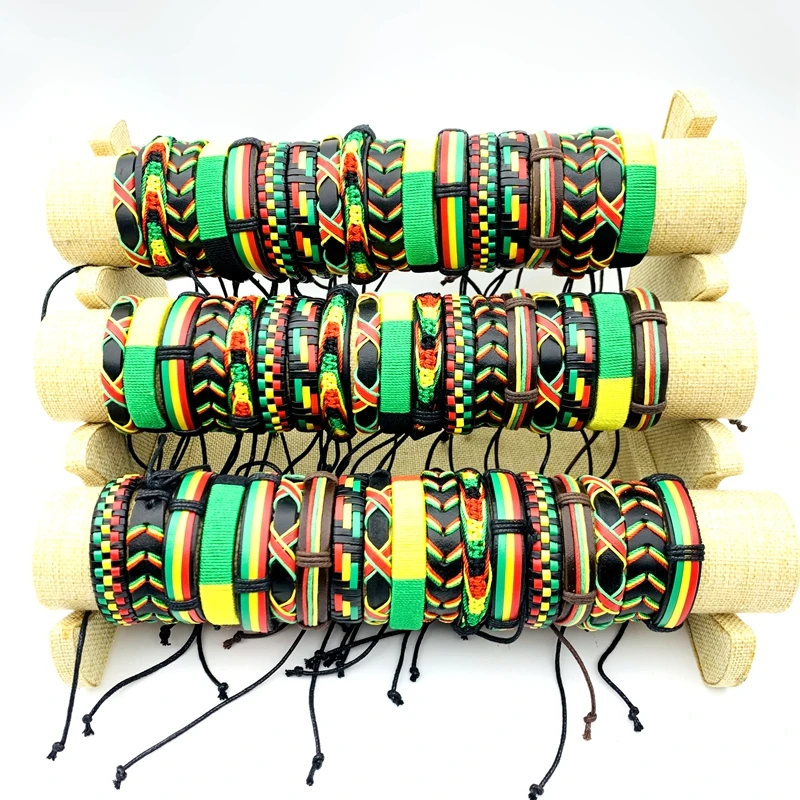 Wholesale 30/50/100pcs Handmade Leather Bracelets Bob Marley Rasta Jamaica Fashion Cuff Jewelry Party Gift Mix Red/Yellow/Green 4