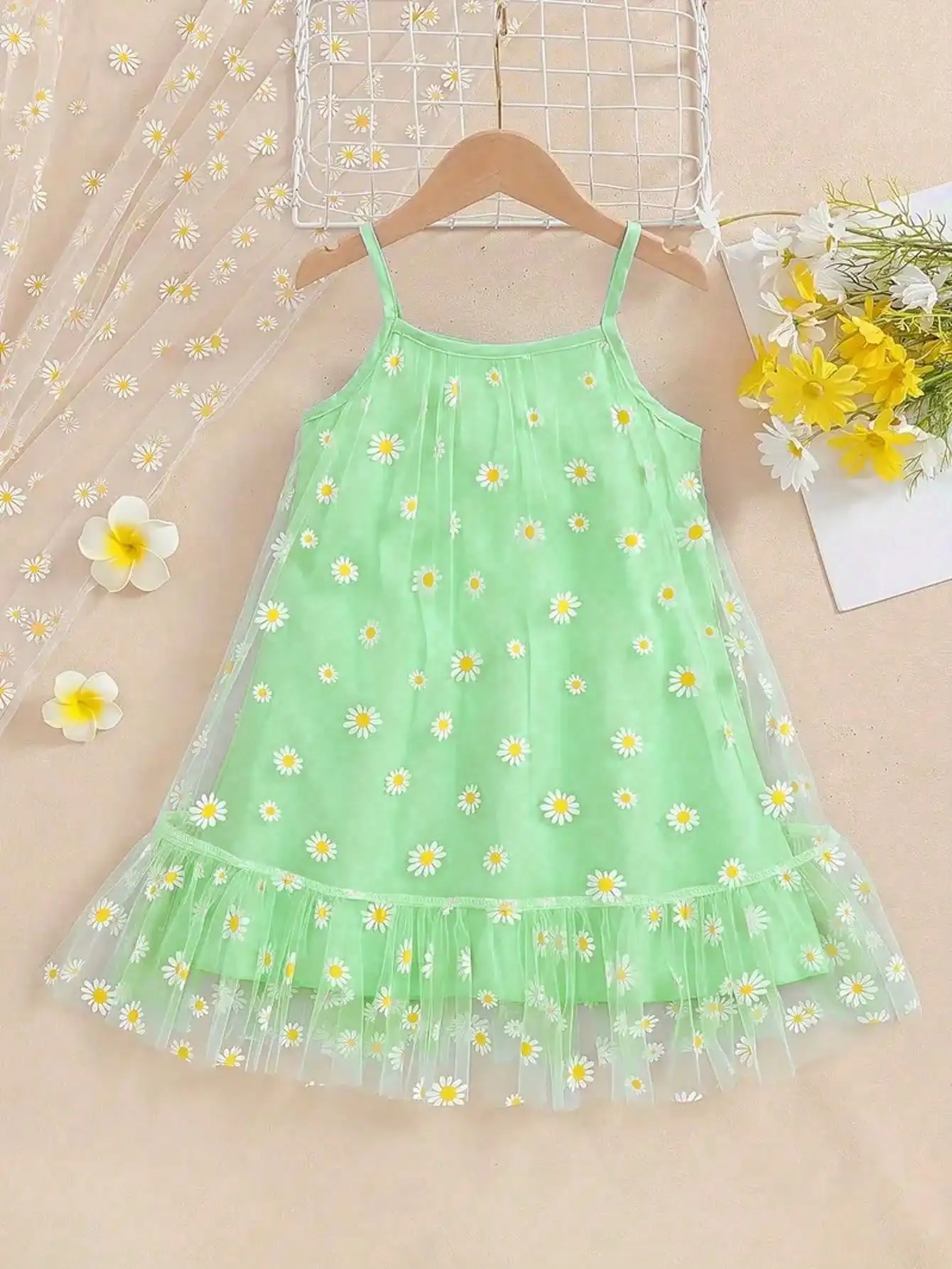 Yellow Green Blue Daisy Mesh Layered Jumpsuit - Elegant Ruffled Hem, Perfect for Summer Parties and Casual Wear