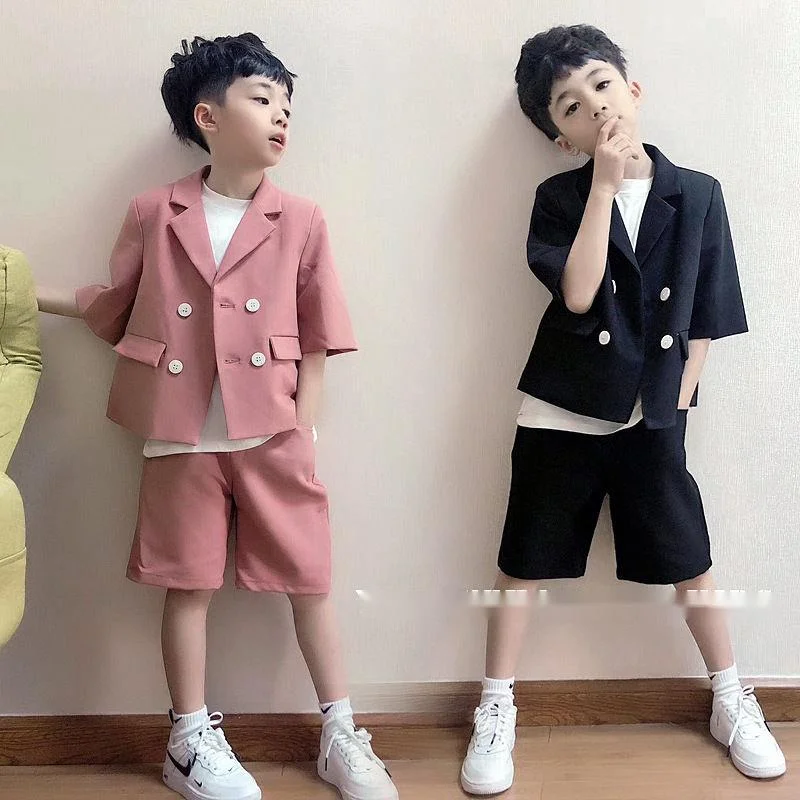 

Летняя детская одежда 2024, комплекты костюмов для мальчиков и девочек, однотонное пальто с коротким рукавом и шорты, белая рубашка для ношения одежды слоями, костюмы из 3 предметов