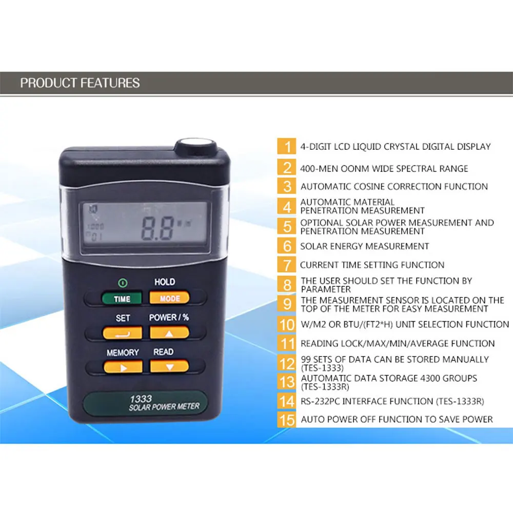 TES-1333 Solar Power Meter TES133R Solar Radiation Transmittance Tester