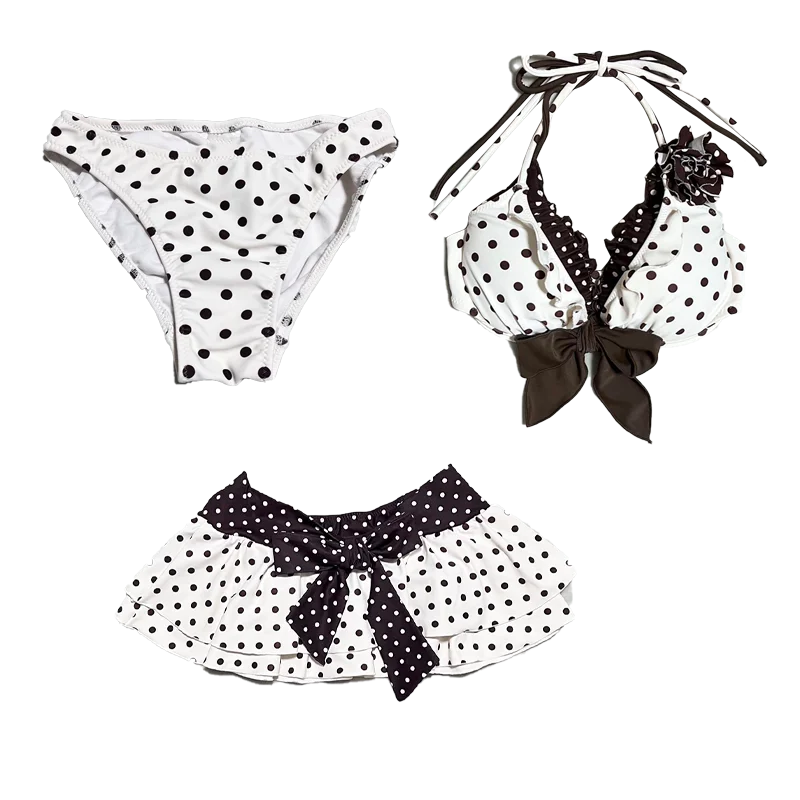 Harajuku Kawaii Retro Y2K Summer Women's Halter Neck Strap No-Padded Bikini Set Streetwear Casual Solid Color Lace Women's Skirt