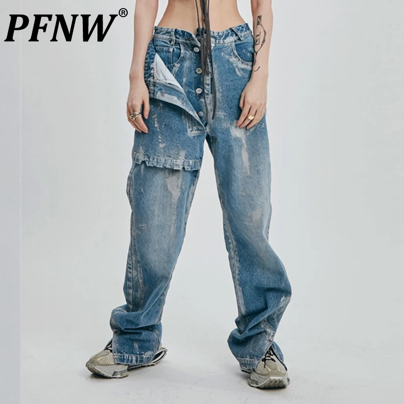 

PFNW Spring Summer Men's Original Deconstructs Slit Denim Pants Trendy Baggy Wearproof Worn Out Simple Streetwear Jeans 12A8408