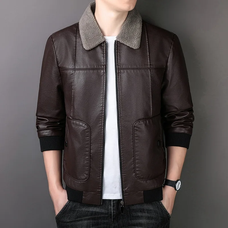 2023 Winter New Men Fleece-Lined Thicken Lapel Leather Coat Middle-Aged Men Clothing Casual Large Size Business Leather Jacket