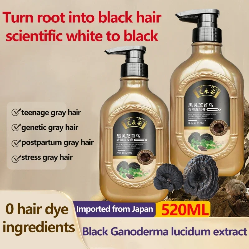 Natural Herbal Ganoderma Lucidum Black Hair Shampoo Permanent Effective White Turn Black Strengthen Hair Roots 520ml 3