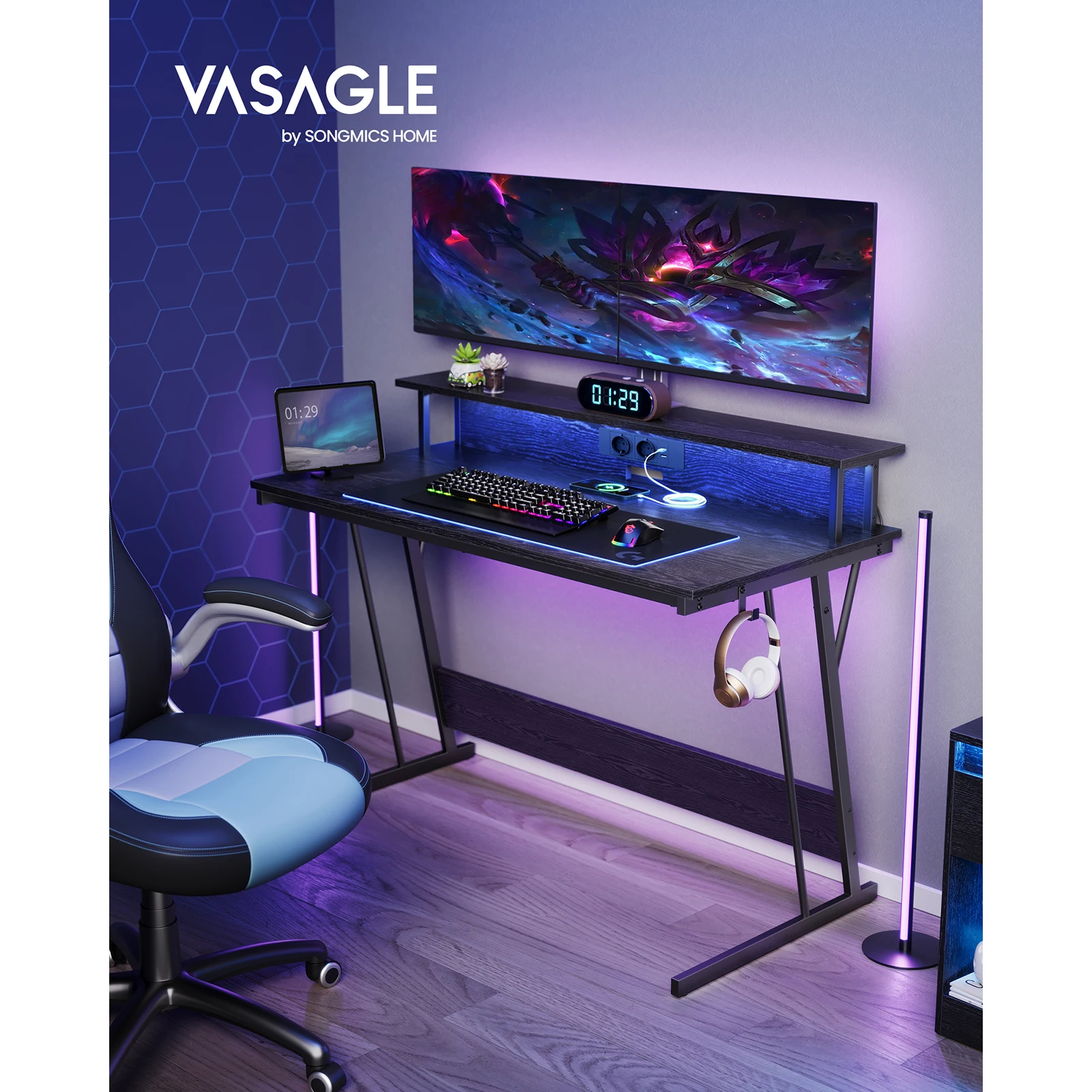 VASAGLE Gaming Table with LED Lighting, Desk with Built-in Power Strip, Computer Desk, Monitor Stand for 2 Monitors, Bedroom VASAGLE Gaming Table with LED Lighting, Desk with Built-in Power Strip, Computer Desk, Monitor Stand for 2 Monitors, Bedroom