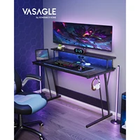 VASAGLE Gaming Table with LED Lighting, Desk with Built-in Power Strip, Computer Desk, Monitor Stand for 2 Monitors, Bedroom