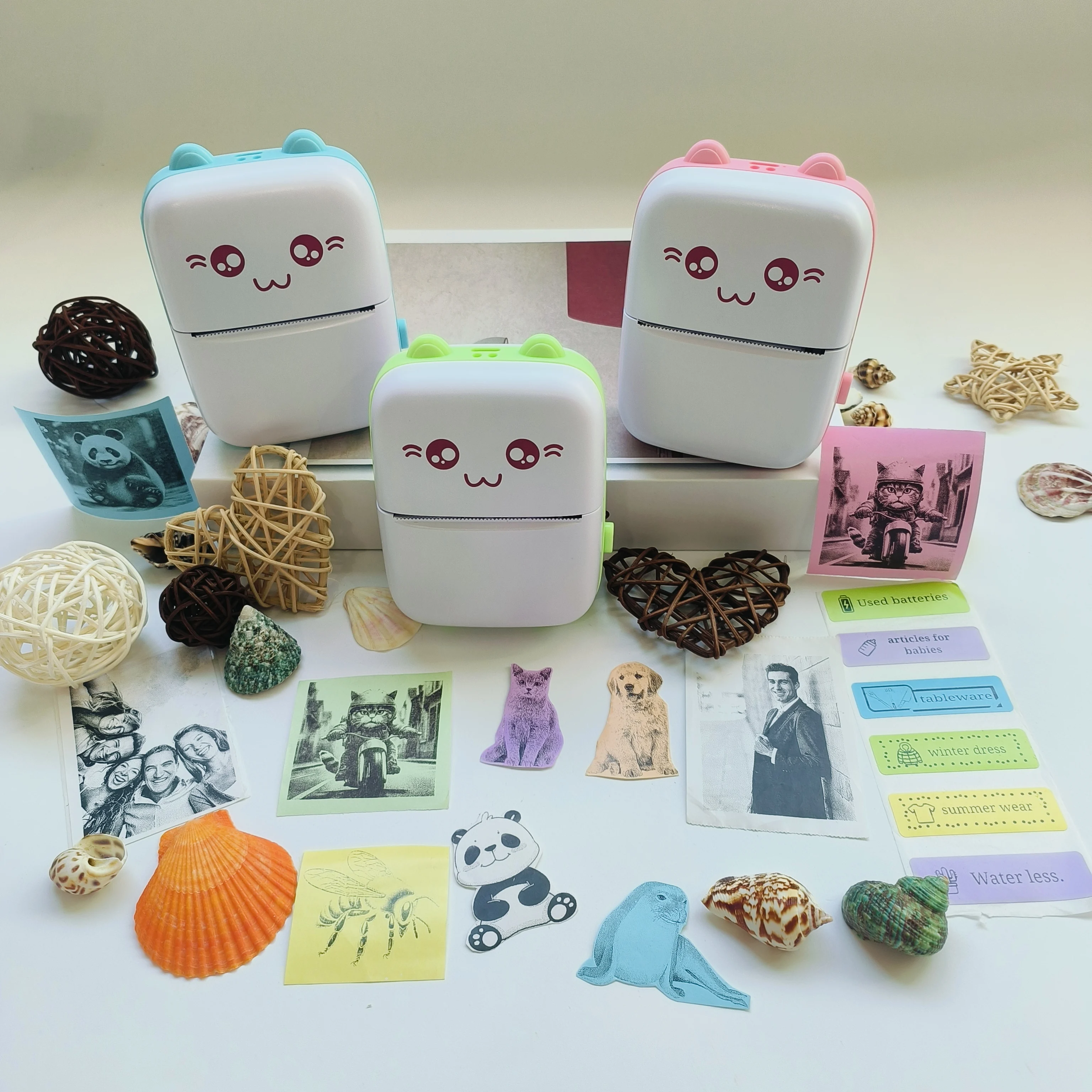 휴대용 무선 미니 포켓 프린터 (3색 스티커 용지, 3롤 스티커, 1롤 투명 스티커, 6색 펜 포함)