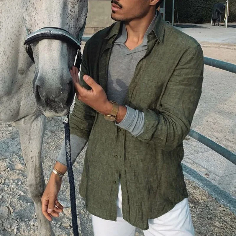 New Long Sleeved Button Cotton Linen Flip Collar Shirt For Business Travel Men's High Quality Loose Breathable Lightweight Shirt