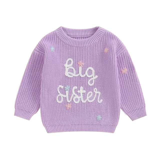 Big Sister Little Sister Matching Outfits Toddler Girl Embroidery Knit Sweater Warm Sweatshirt Fall Winter Clothes 1