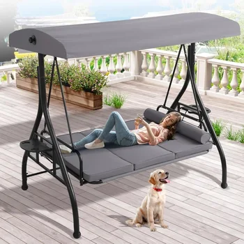 Outdoor Porch Swing with Canopy and Stand, 3 Person Patio Swing Convertible 2 in 1 Porch Bed Swing with Cup Holder 1