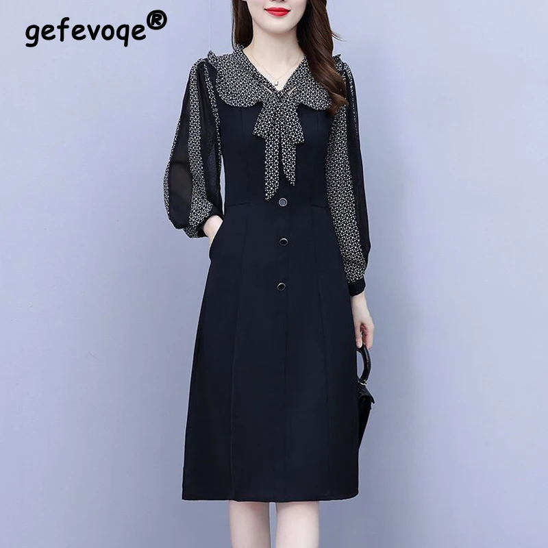 

Ruffle Lace Up Bow Print Patchwork Elegant Fashion Ladies Party Dresses 2023 Spring Lantern Long Sleeve Slim Midi Dress Vestidos