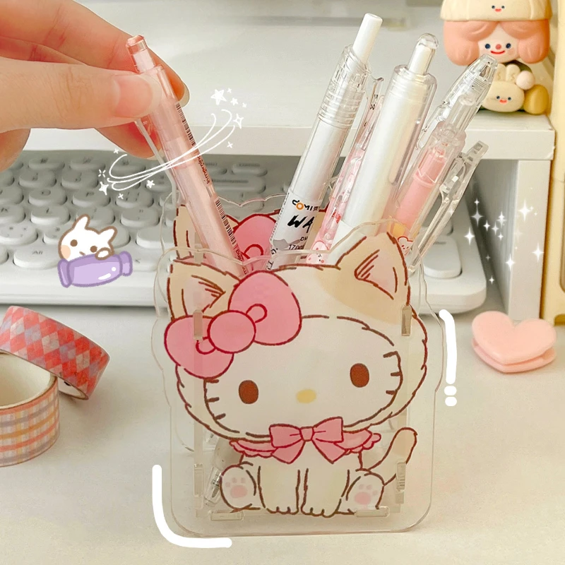 Pen Holder Cute Acrylic Sanrio Pen Holder Transparent Multifunctional Children's Desktop Large Capacity Stationery Storage Box Organizer