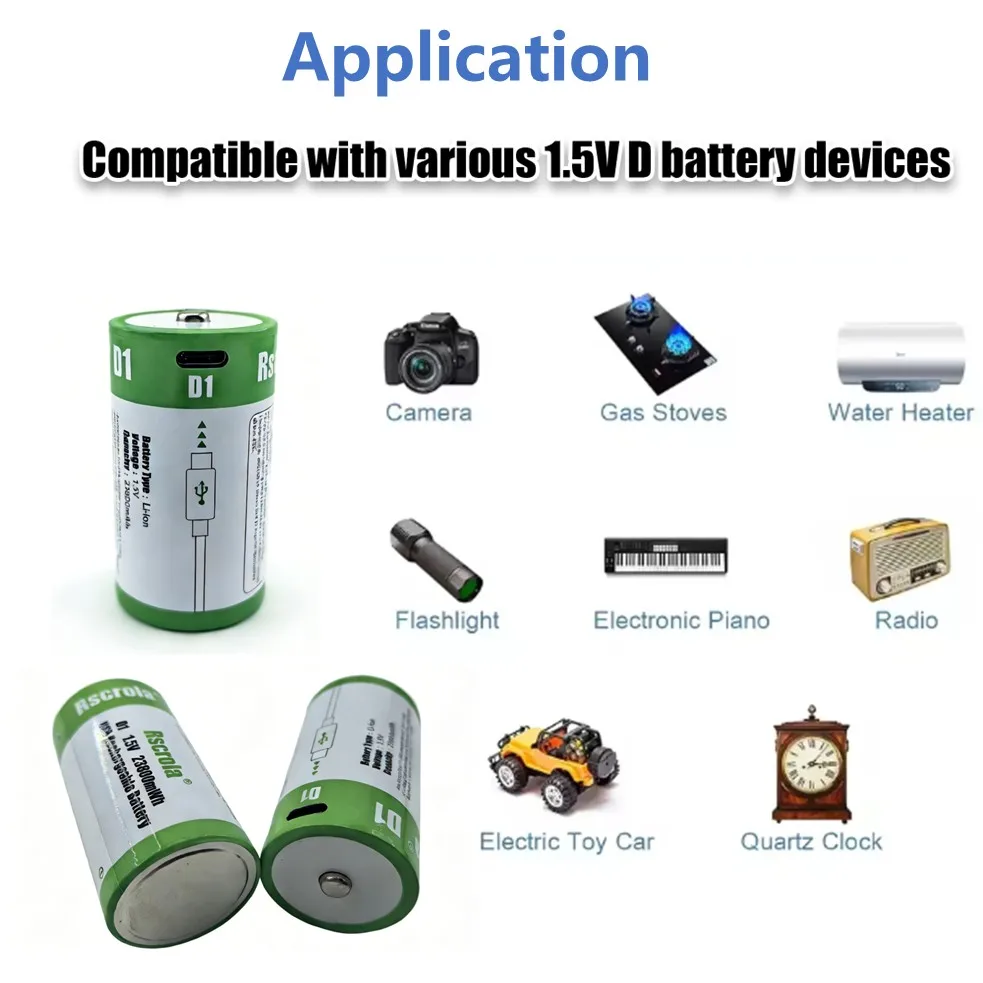1.5V 23800mWh D Cell Batteries Rechargeable D Batteries with Charger Cable for Gas Cooker Water Heater Flashlight Radio Tool Toy - 6