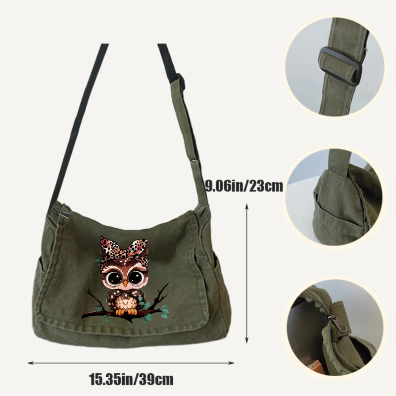Artistic Women's Shoulder Bag Canvas Owl Print Crossbody Bag Large Capacity Messenger Bag for Daily Use