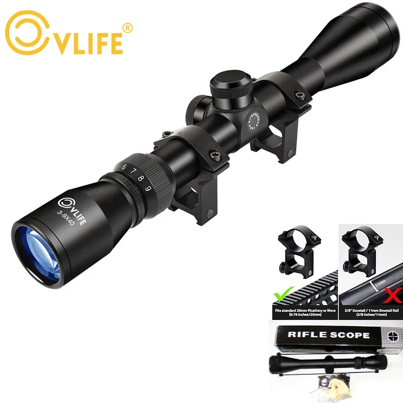 CVLIFE 3-9x40 Rifle Scope 20mm Optics R4 Reticle Crosshair Hunting Riflescope Tactical Mounts Black