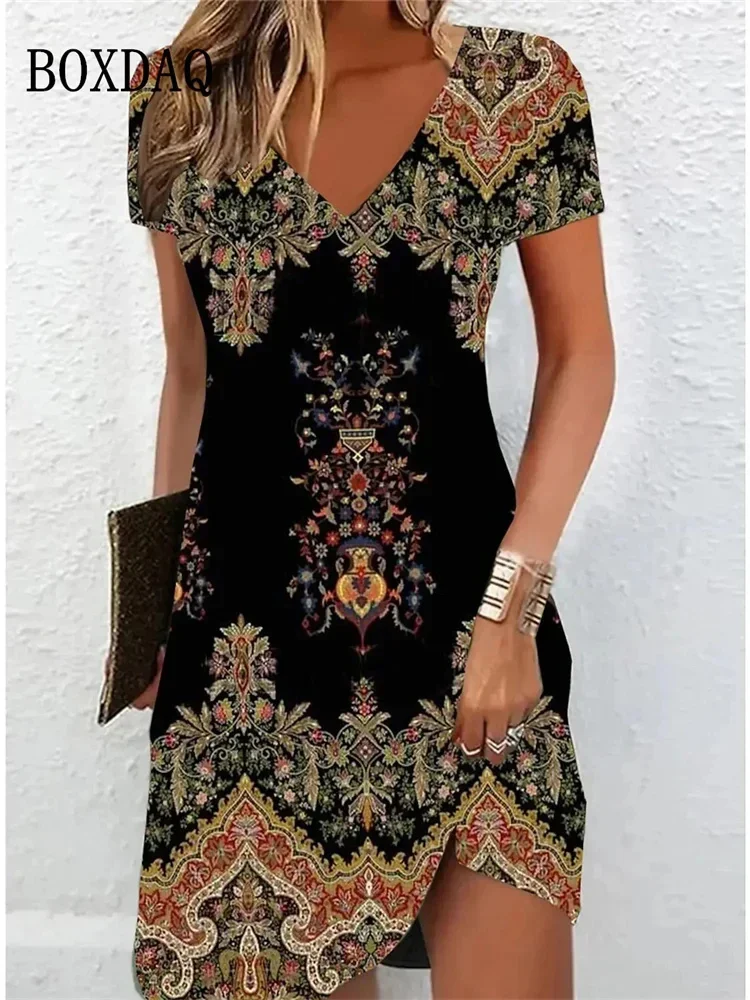 Robe mi-longue à imprimé floral de style ethnique rétro pour femmes, grande taille, pull décontracté à manches courtes, col en V, robe d'été, 2025 1