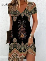 Robe mi-longue à imprimé floral de style ethnique rétro pour femmes, grande taille, pull décontracté à manches courtes, col en V, robe d'été, 2025 1