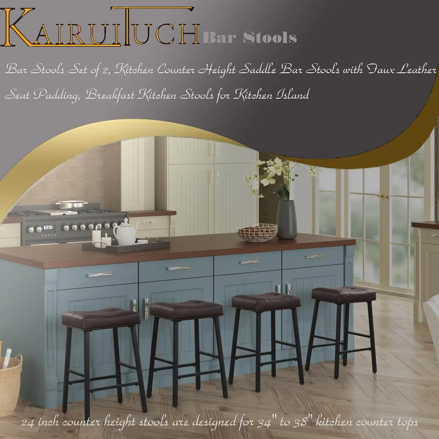 Bar Stools Set of 2 Kitchen Counter Height Saddle Bar Stools with Faux Leather Seat Padding Breakfast Kitchen Stools for Kitchen 6