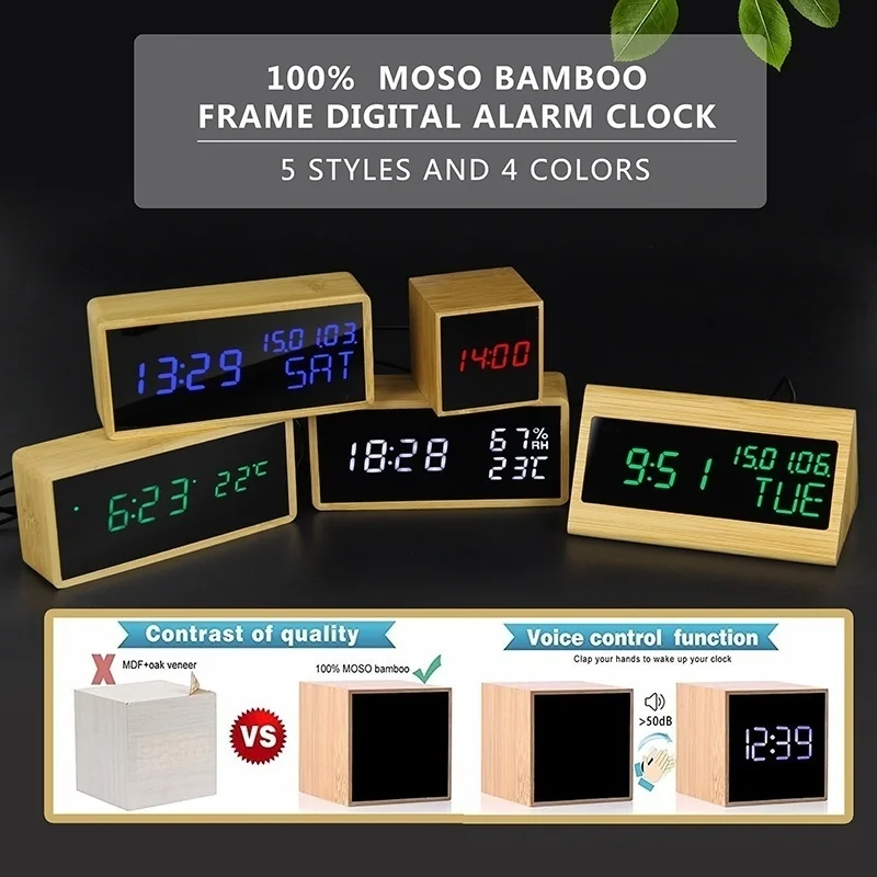 100% Bamboo LED Alarm Clocks Temperature Humidity Multifunction Digital Wooden Snooze Clock Voice Control Living Room Decoration 2