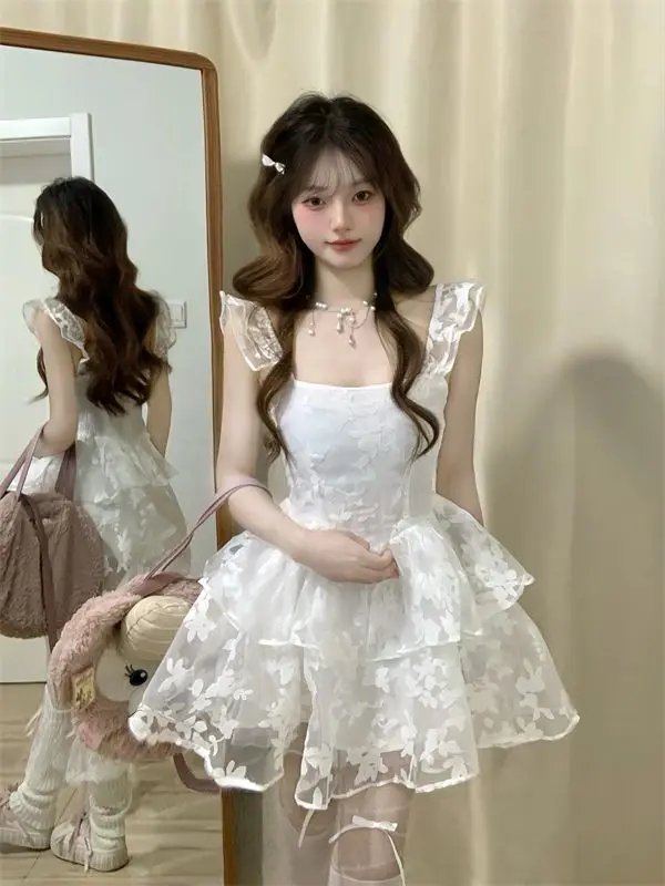 Elegant Princess Party White Dress Sleeveless Summer New Y2K Ruffles A-line Short Dresses for Women Korean One Piece Vestido
