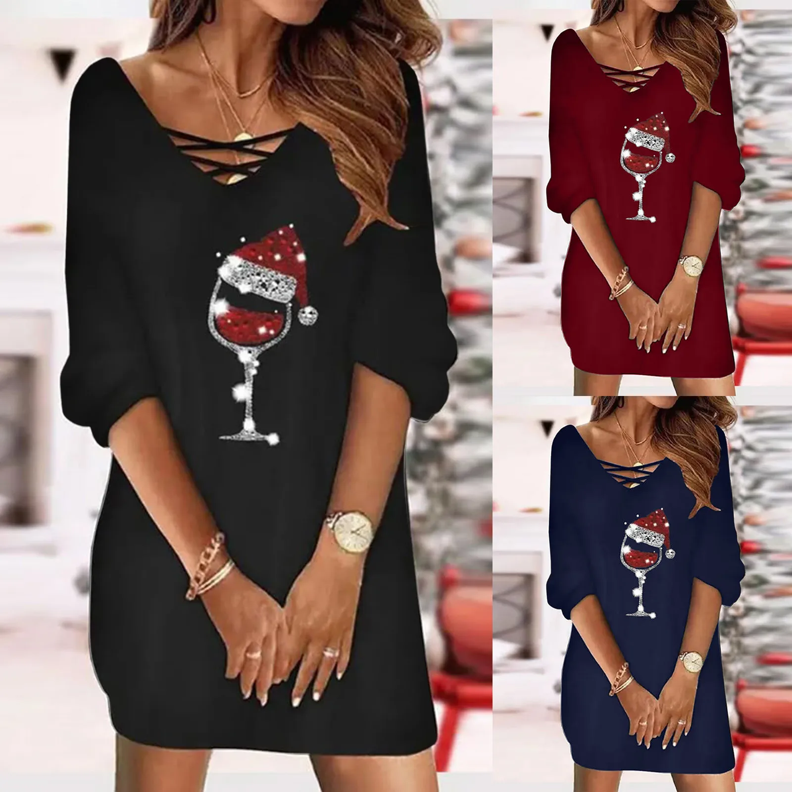 

Women's Long Sleeve Dress Autumn and Winter Fuzzy Cutout Eyelash Lace Fashionable V-Neck Casual White Elegant Mini Dress
