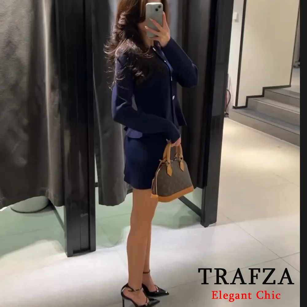 TRAFZA-Women Elegant Navy Blue Skirt Set Sweater+Skirt Set New 2025 Spring Fall Fashion Elegent Office Lady Minimalism Skirt Set 3