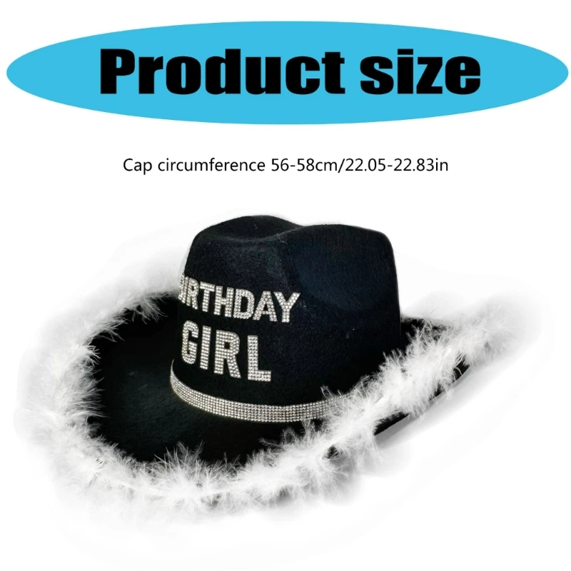 Rhinestones Party Hat Birthday Girl Hat Fashionable Feathered Trim Western Party For Girl Birthday Halloween