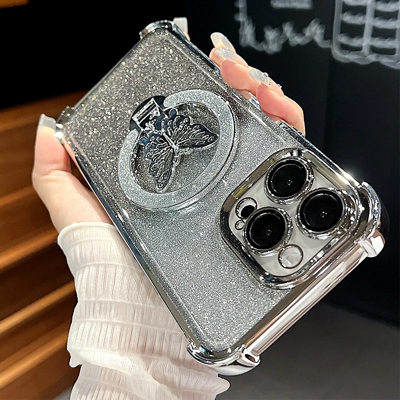 Glitter Butterfly Holder Plating Silicone Shockproof Case Cover