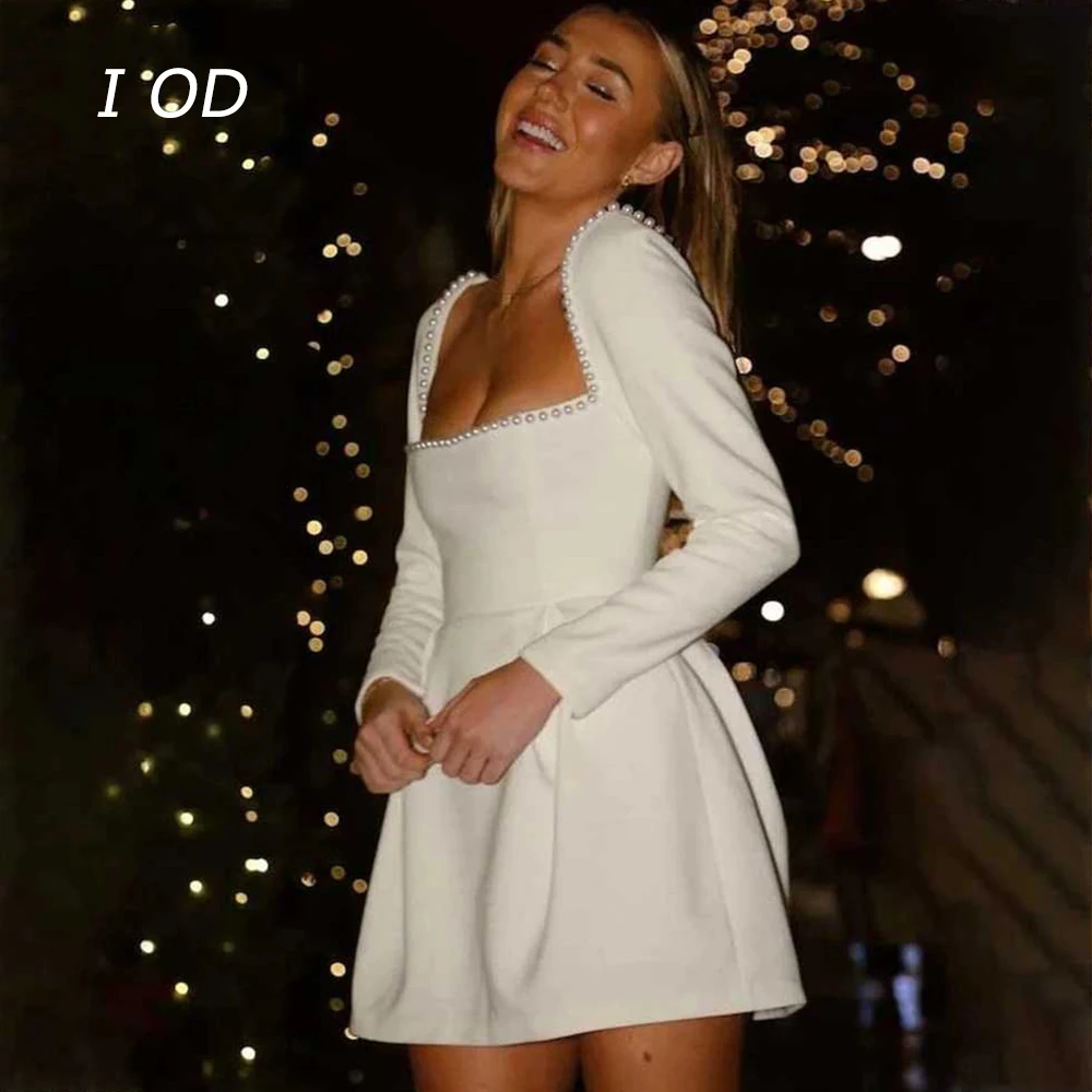 

I OD Pearl Square Neck Elegant Prom Dress Long sleeved A-line Dress De Novia