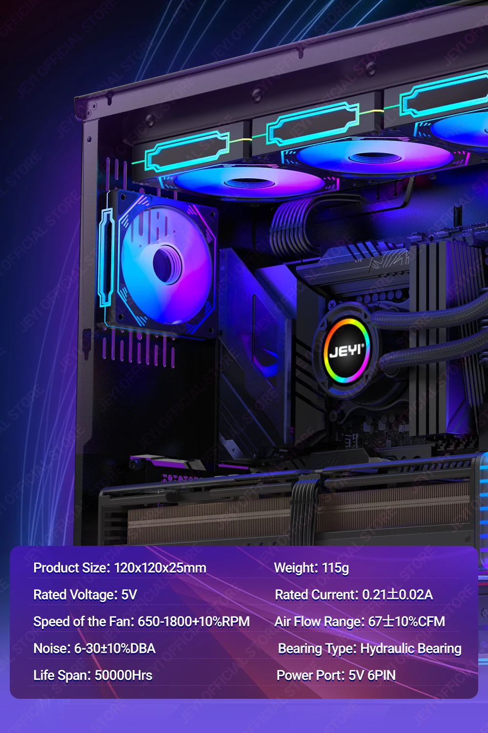 JEYI RGB-Lüfter, 120 mm, Computergehäuse, Hochleistungs-Lüfter-Set, 6-poliger PC-Lüfter, Kühler, leiser Kühler mit ARGB-Controller – Detail 8