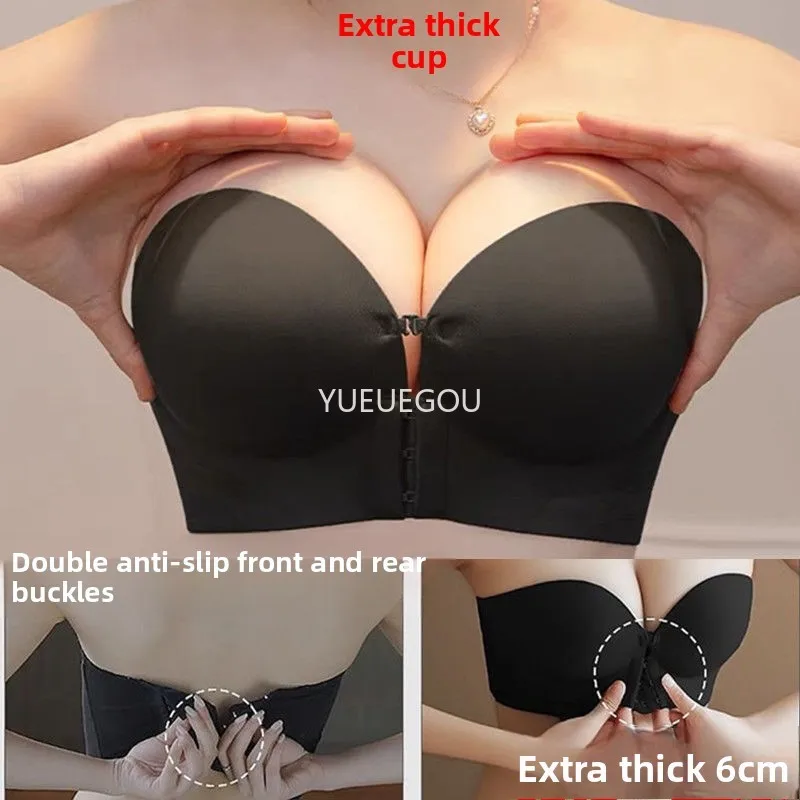 Small Bust Push Up Strapless Bra - Front Hook & 6cm Thick Pads for Perky Lift | Anti Slip Seamless | AA A B Cups